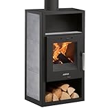Justus Texas V Kaminofen Stahl Schwarz mit Specksteinkeramik Grau 6 kW Bauart 1 Warmhaltefach luftdurchströmter Griff...