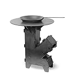 Czaja Raketenofen mit Grillplatte 5 mm dick und Eisen Bratpfanne - Rocket Stove Stecksystem aus massivem Stahl Feuerschale BBQ...