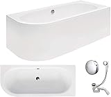 VBChome Badewanne 170x75 cm Acryl Set – Moderne Eckbadewanne Weiß, mit Schürze, Siphon, Ablaufgarnitur, Rechteck-Design, für 2...