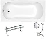 VBChome Acryl Badewanne 130x70 cm Weiß Rechteck Wanne Siphon Wannenfüße Design Modern Ablaufgarnitur in Chrom