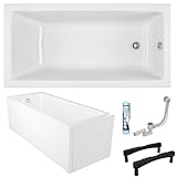 ECOLAM Badewanne Wave 160x80 cm + Schürze | moderne breite Wanne Rechteck Top QUALITÄT Acrylwanne I Ablaufgarnitur Füße Silikon...