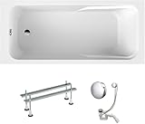 VBChome Badewanne 160 x 70 cm Weiß Acryl Wannenfüße Siphon Wanne Rechteck Design Modern Ablaufgarnitur in Chrom