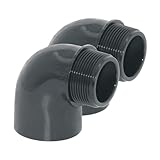 HAF® 2X PVC Fittings Winkel 90° mit 50mm Klebemuffe x 1 1/2' Außengewinde - Winkelverbinder aus grauem PVC-U für Poolverrohrungen...