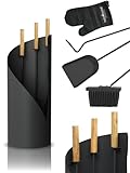 holz4home® Kaminbesteck 5-tlg. Grauschwarz mit Holzgriff inkl. Ofenhandschuh I Kaminset Kamingarnitur Anthrazit Ofenbesteck...