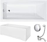 VBChome Badewanne 160x70 cm Acryl SET Schürze Siphon Wanne Acrylwanne Rechteck Weiß Design Modern Wannenfüßen Ablaufgarnitur Chrome