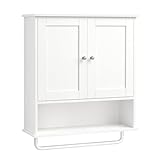VASAGLE Siren Collection BBK149WB01 Hängeschrank mit Handtuchstange, Wandschrank mit offenem Regal, verstellbarem Regal und Türen,...