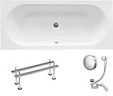 VBChome Acryl Badewanne 180x80 cm Weiß Rechteck Wanne Siphon Wannenfüße Design Modern Ablaufgarnitur in Chrom