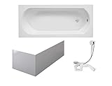 VBChome Badewanne 170x75 cm Acryl SET 3in1 Schürze Siphon Wanne Rechteck Weiß Design Modern Ablaufgarnitur in Chrom Viega Simplex
