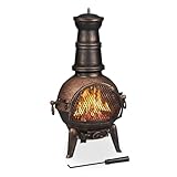 Relaxdays Terrassenofen, Aztekenofen mit Schürhaken, Gusseisen, Funkenschutz, für Garten, HxBxT: 86x46x38 cm, Bronze