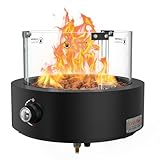 onlyfire Rund Gas Tischkamin mit Glaswindschutz, Lavastein und Unterer Lufteinlass, Tischfeuer für Camping auf der Terrasse im Freien,...