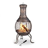 Relaxdays, Bronze Aztekenofen, Schürhaken, Holzrost, Funkenschutzgitter, Garten, Terrasse, antiker Feuerofen, Höhe 89 cm, Stahl,...