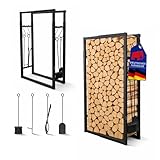 PROREGAL Verstellbares Kaminholzregal PHOENIX innen & außen Metall mit Besteck 100-150x40-65x25cm 4 Kaminwerkzeugen Schwarz...