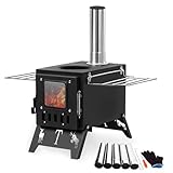 Camping Holzofen Grill, Faltbarer Tragbarer Barbecue Grill mit Sichtfenster und Einstellbarer Luftzufuhr, Metall Ofen mit 5...