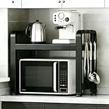 LOSTTYPE Ausziehbare Mikrowellen- und Ofenablage mit 6 Haken, Schwarz, Metall, Platzsparend, Küchenorganizer für Arbeitsplatte