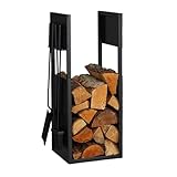 Relaxdays, schwarz Kaminholzregal mit Besteck, Metall, HBT: 76,5x36x30 cm, Brennholzregal innen, Holzscheite & Brennholz, Eisen,...