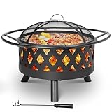 TLSUNNY Feuerschale, Ø 76cm Feuerkorb mit Funkenschutz und Schürhaken, Feuerschalen für den Garten Groß, Feuerstelle mit Grill, BBQ...