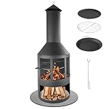 LEMODO Gartenkamin, Grillkamin mit Funkenschutztür, Terrassenofen mit Holzablage, Grillrost, Pfanne, Outdoor Gartenofen, Feuerstelle...