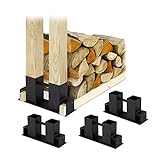 Relaxdays Holzstapelhilfe 4er Set, für Feuerholz, Kaminholzregal selber bauen, Brennholzstapelhalter, Metall, schwarz, 16 x 34 x 10 cm