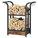 MAHANCRIS Kaminholzregal mit 4 S-Haken und Stoffschublade, 68 x 30 x 73,5 cm, 3-stöckiges Holzregal, Metallrahmen, für Kamin & Ofen,...