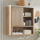 AetherWood Badezimmerschrank Hängeschrank mit Schiebetür, Wandschrank Bad mit Kunstmarmor-Optik, Verstellbares Regal & Offenes Fach,...