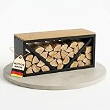 Coemo Kaminholzregal mit Sitzfläche Rudi Schwarz - Modernes Brennholzregal aus Metall & Holz, Kaminholzhalter Schwarz, Holzlager Regal...