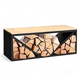 DanDiBo Kaminholzregal Innen mit Sitzbank Bank Metall Schwarz 96602 Brennholzregal Holzaufbewahrung Kaminholzständer Feuerholzregal