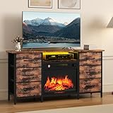 TAUS TV Schrank mit Kamin, TV Lowboard für Fernsehe mit mit LED-Beleuchtung, Fernsehtisch, Elektrischer Standkamin mit Heizung,...