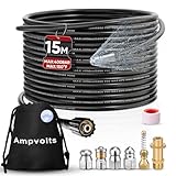 Ampvolts 15m Rohrreinigungsschlauch Set – 5800 PSI / 400 bar, inkl. 5 Düsen & GelbMessing-Adapter, kompatibel mit Karcher K2 K3 K4...