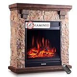 KAMINIO Elektrokamin Juan - Elektrischer Standkamin in Steinoptik mit Heizung, 3D-Flammeneffekt, Fernbedienung (Beige)