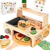Smartwo Pizza Holzspielzeug Kinderküche, Spielküche Zubehör Holz, 50PCS Pizzaofen mit Pizzaschneider, Küchenzubehör Lebensmittel...
