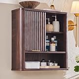 AetherWood Badezimmerschrank Hängeschrank mit Schiebetür, Wandschrank Bad mit Verstellbarem Regal & Offenem Fach, Geriffeltes Design,...