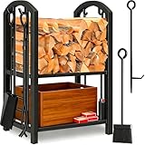 Amagabeli Kaminholzregal Innen Brennholzregal mit 4 Kaminwerkzeug Kaminholzständer Kaminbesteck für Außen Kaminholzhalter Holzregal...