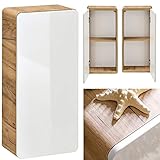 Lomadox Badmöbel Hängeschrank Wandschrank Hochglanz weiß, Wotan Eiche Nb., 1-türig, B/H/T ca. 35/75/22 cm