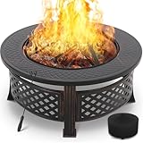 Runde Feuerschale mit Funkenschutz 80,5cm, Garten Feuerkorb Multifunktionale Feuerstelle, mit Schutzhülle, Grillrost & Schürhaken, 4...