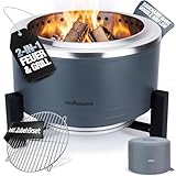 Rauchfreie Edelstahl Feuerschale Ø 56 cm| Raucharm Dank Turbo-Brenner | 2-in-1 Feuerstelle & Grill für Garten, Camping & Terrasse |...