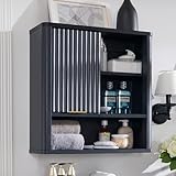 AetherWood Badezimmerschrank Hängeschrank mit Schiebetür, Wandschrank Bad mit Kunstmarmor-Optik, Verstellbares Regal & Offenes Fach,...