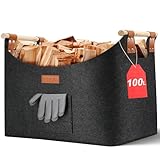 Ezilif Holzkorb für Kaminholz Groß XXL, Kaminholzkorb mit Doppelt Verstärkten Leder, 100L Brennholzkorb aus Filz, Filzkorb Kaminholz...