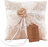 Amajoy Vintage Rustikales Kissen aus Jute, Spitze, 19 x 19 cm